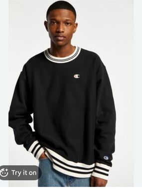 Champion Reverse Weave Black Varsity Crewneck Sweatshirt with Cream & Black Trim